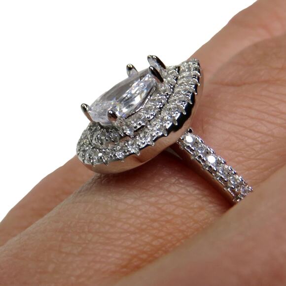 Macy's Silver Teardrop Diamond Cubic Zirconia Halo Ring S 925 Size 7 - Picture 5 of 8
